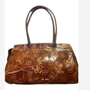 Oriental Orion Purse Handbag Shoulder Tote Genuine Leather Brown Embossed Floral